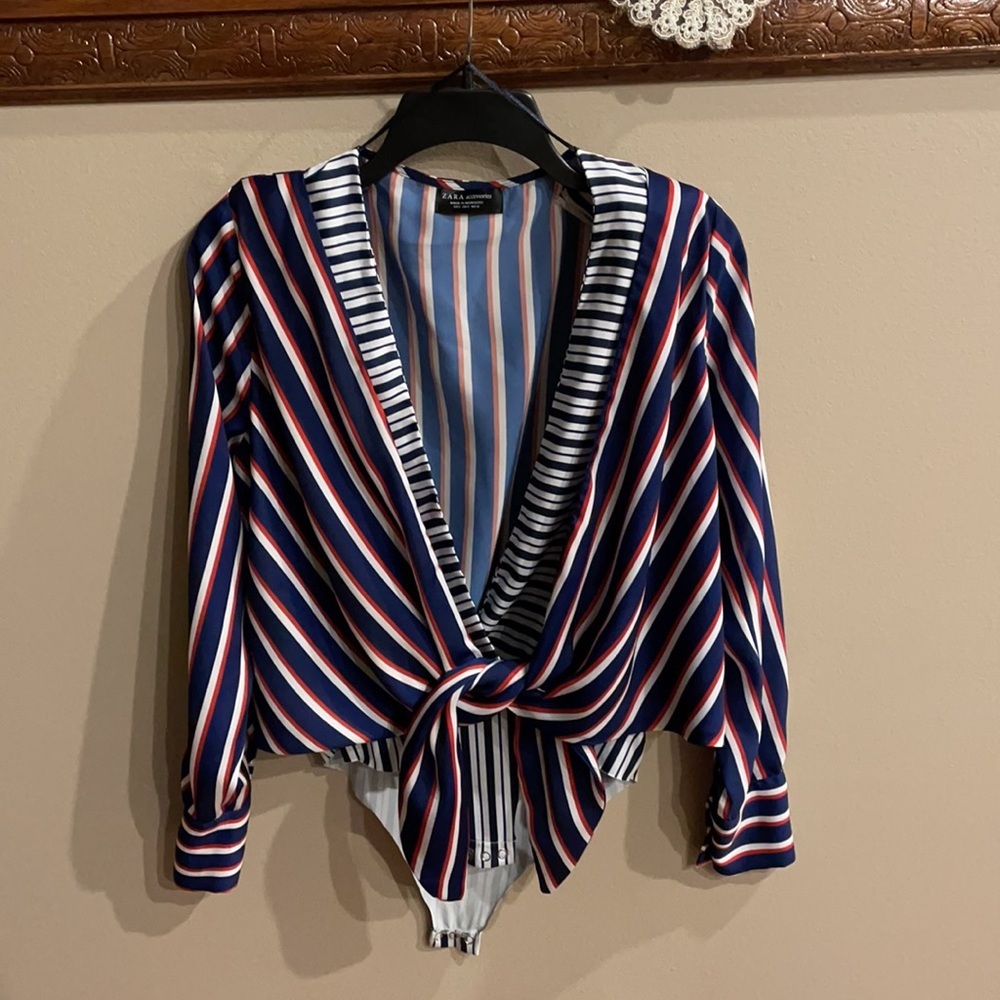 ZARA women’s deep V neck front tie blouse BODYSUIT long sleeve cuffed size Small